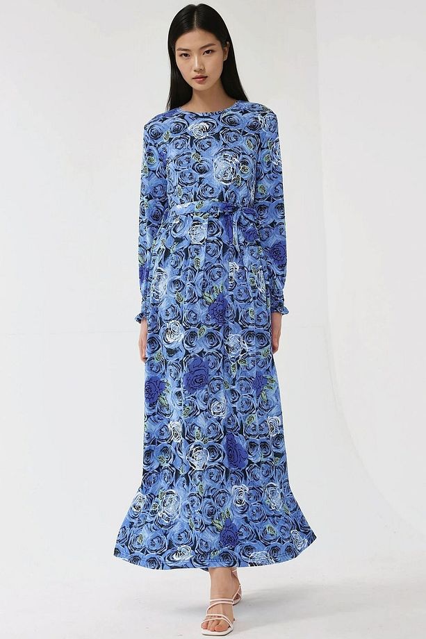 Çiçek Desenli Uzun Kol Örme Modest Elbise - 4