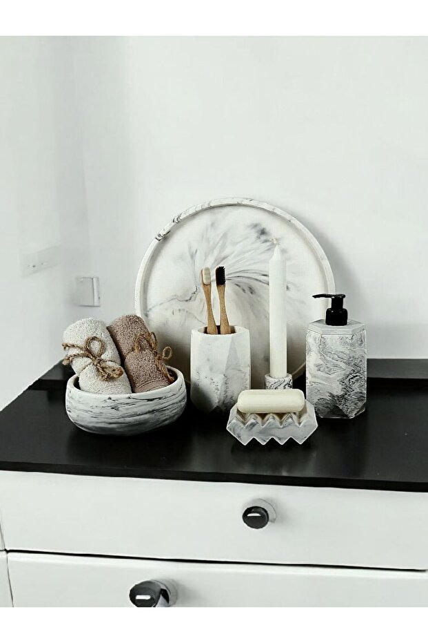 6-Piece Marble Patterned Concrete Bathroom Set Toilet WC Liquid Soap Dispenser Toothbrush Holder Concrete Accessory Set
