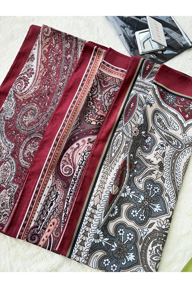 Hijab Patterned Cotton Shawl 3-Piece Burgundy Set Makeup Mirror and Bonnet