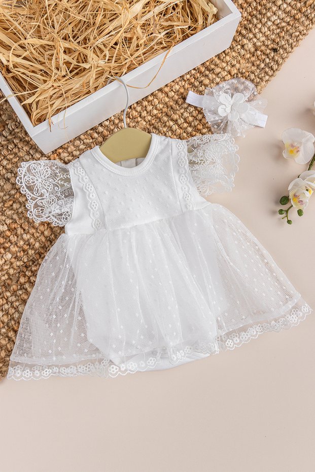 Tulle Bandana 100% Cotton Baby Girl Stylish Special Occasion Dress Set Cream