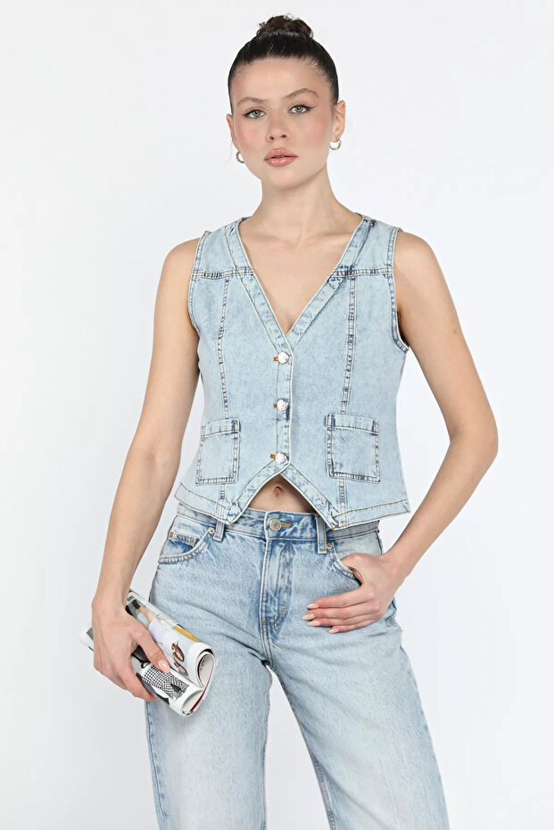 Blue Women's Pocket Jean Vest