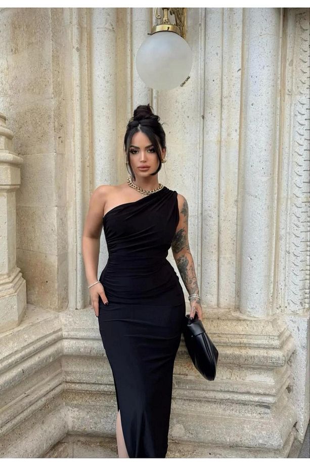 İsabella Tek Omuz Detaylı Drapelli Sendy Yırtmaçlı Elbise - 2
