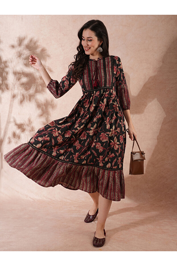 All-Over Floral Print Mandarin Collar Ruffles Hem A-Line Midi Dress