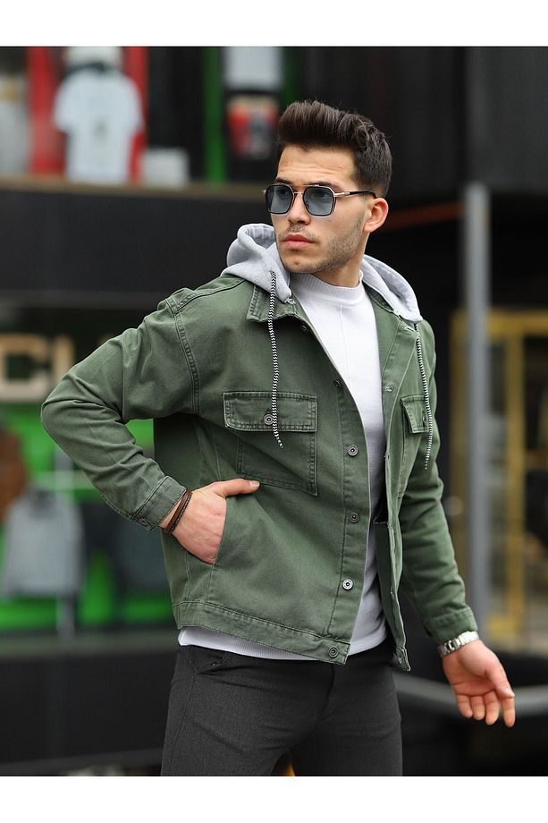 Erkek Haki Çıkarılabilir Kapüşonlu Oversize Kot Ceket - 1