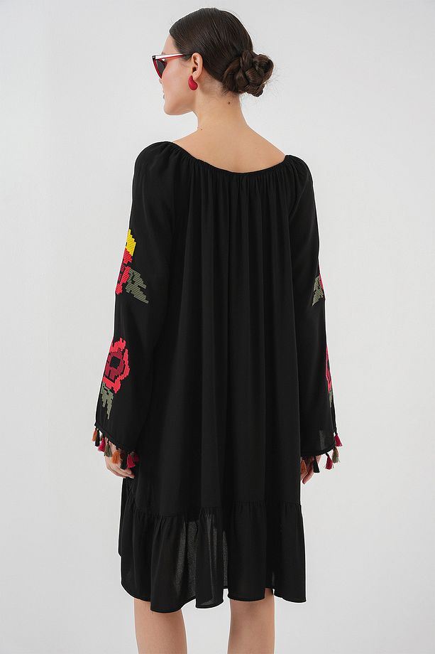 Nakışlı Midi Elbise 2531 - Siyah - 5