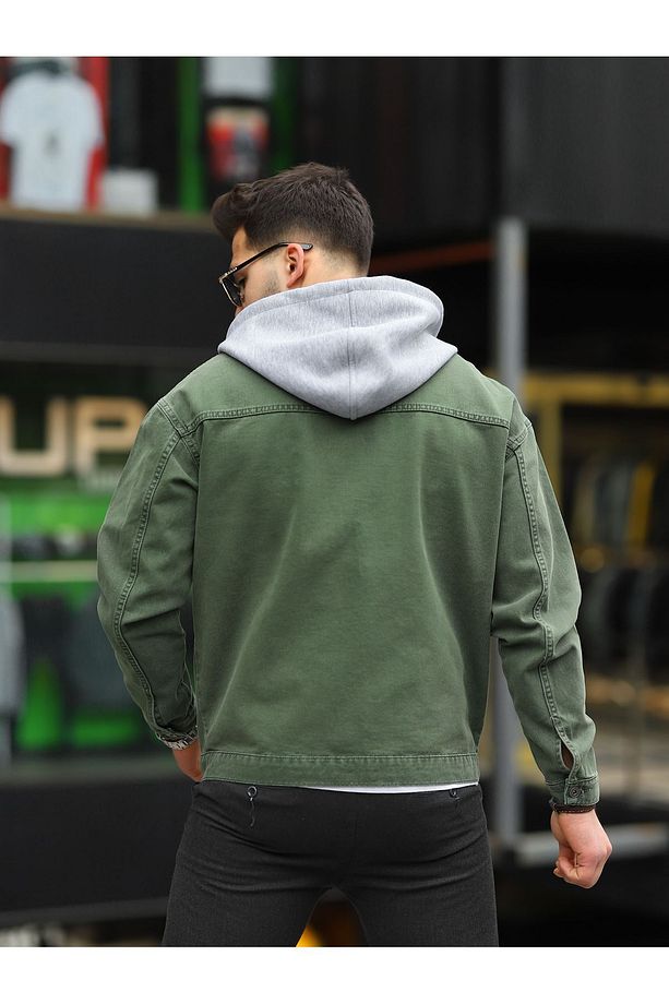 Erkek Haki Çıkarılabilir Kapüşonlu Oversize Kot Ceket - 6