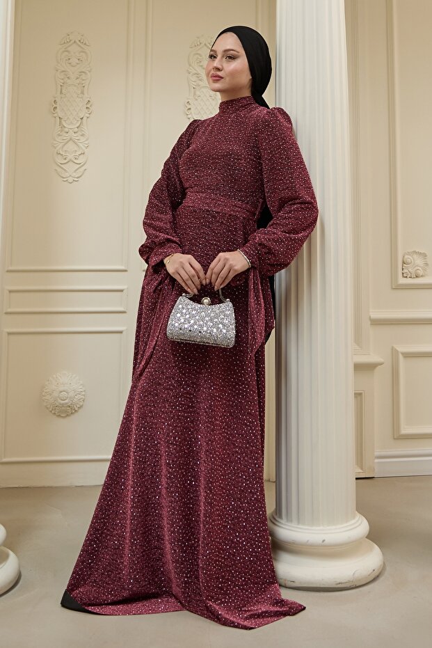 Pullu Taşlı Buzy Pembe Abiye Elbise - 4