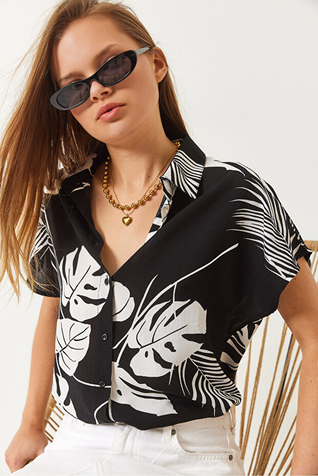 Women's Black White Short Sleeve Patterned Short Sleeve Viscose Shirt 60261477