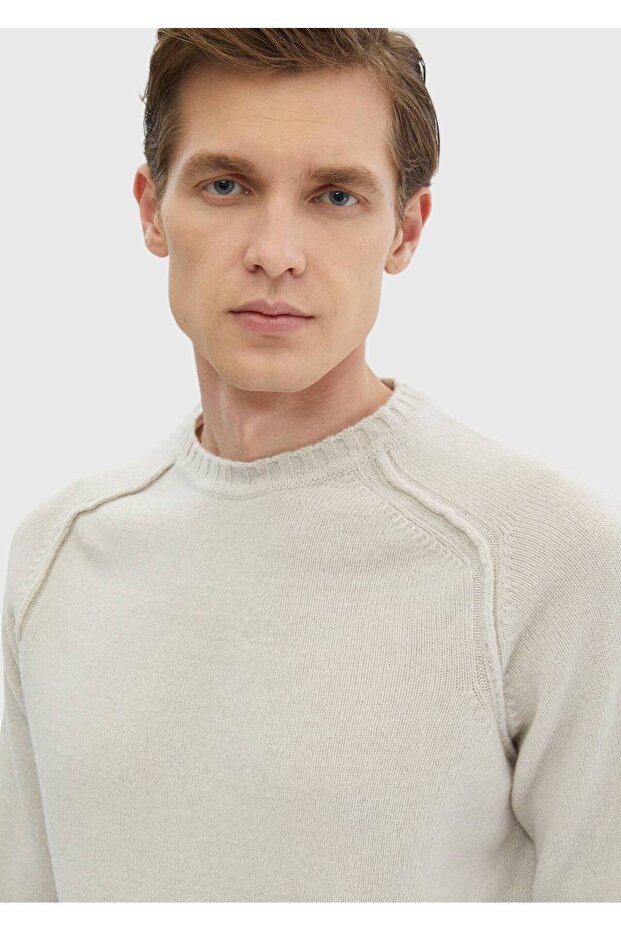 Kum Bisiklet Yaka Düz Örgü Yün Karışımlı Triko Kazak - 3