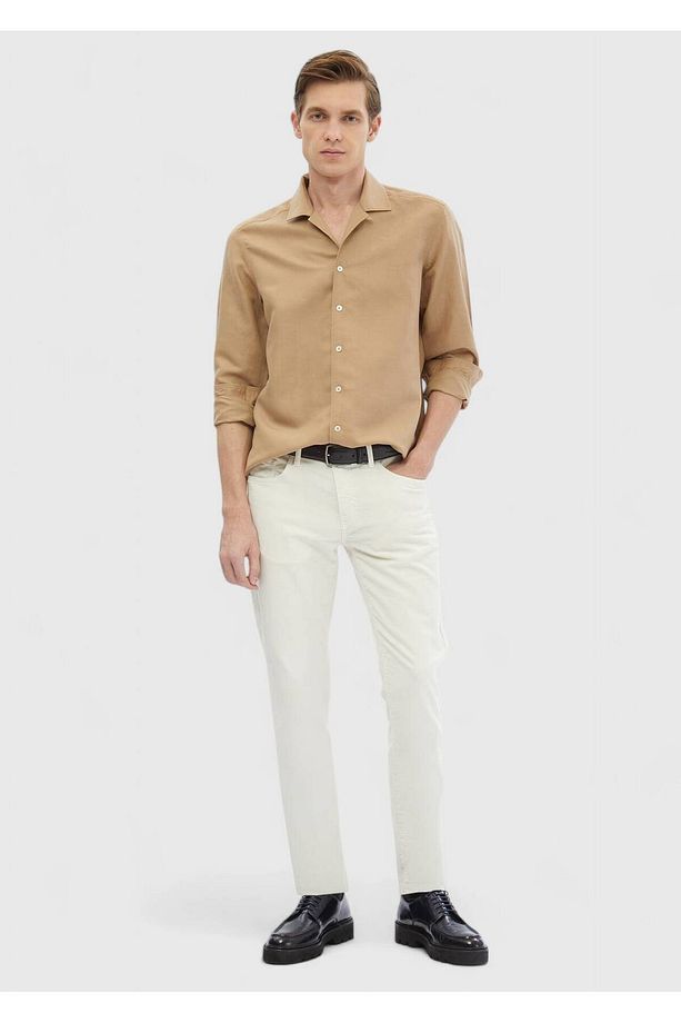 Deve Tüyü Düz Regular Fit Dokuma Casual Keten Karışımlı Gömlek - 2