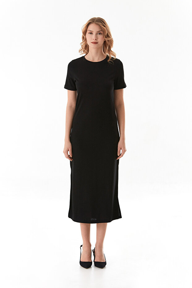 Basic Bisiklet Yaka Yırtmaçlı Elbise - 8