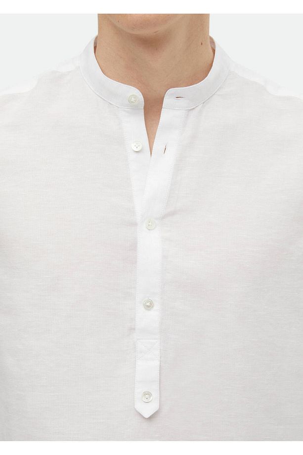 Ekru Düz Regular Fit Dokuma Casual Pamuk Karışımlı Gömlek - 5