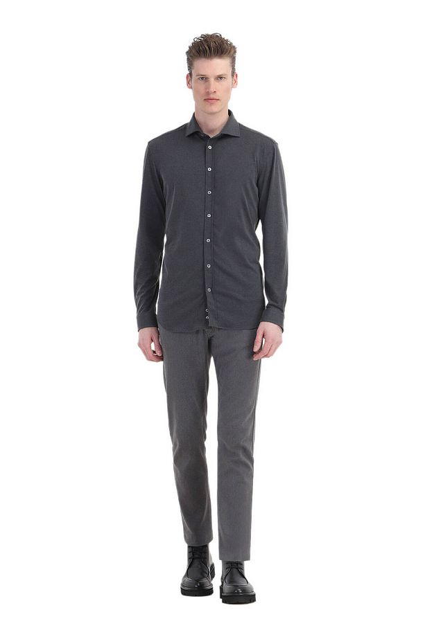 Antrasit Düz Regular Fit Dokuma Casual Gömlek - 2