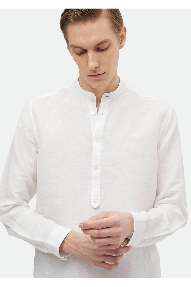 Ekru Düz Regular Fit Dokuma Casual Pamuk Karışımlı Gömlek - 4
