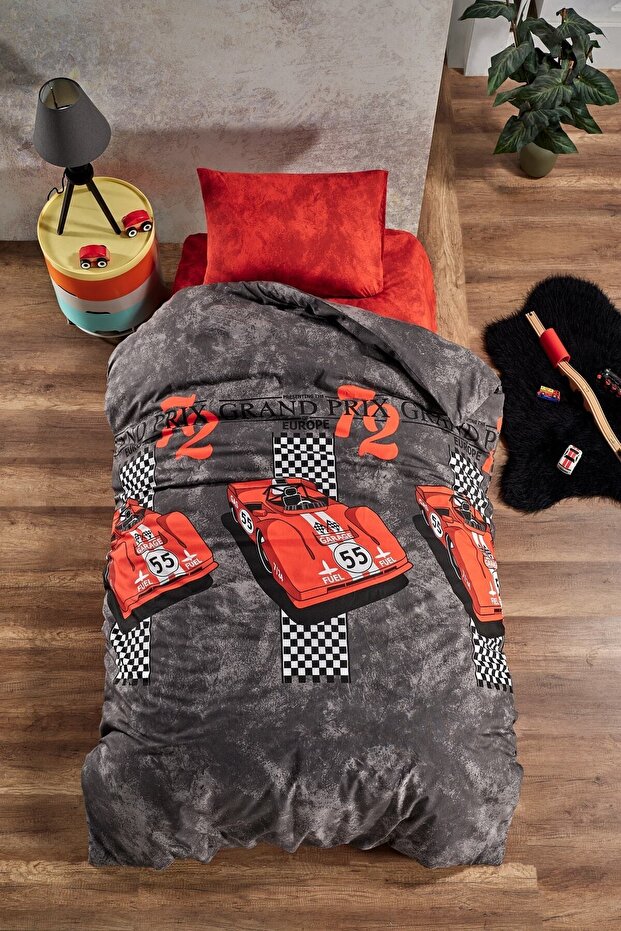 Natural Healthy Cotton Race Cars Single Child Bedding Set with Elastic Sheets