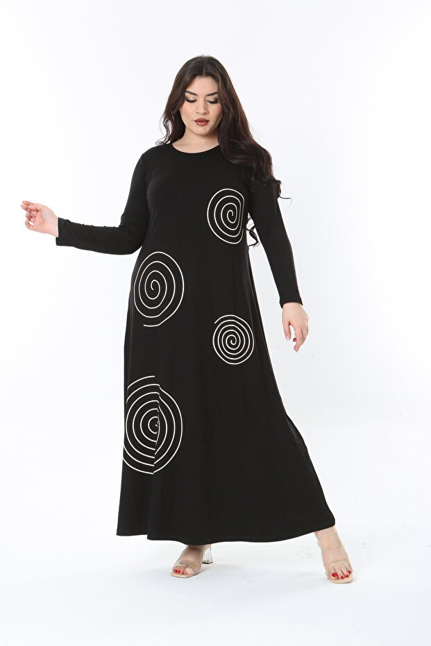 Women's Plus Size Black Crew Neck Lycra Long Sleeve Dress 65N38858