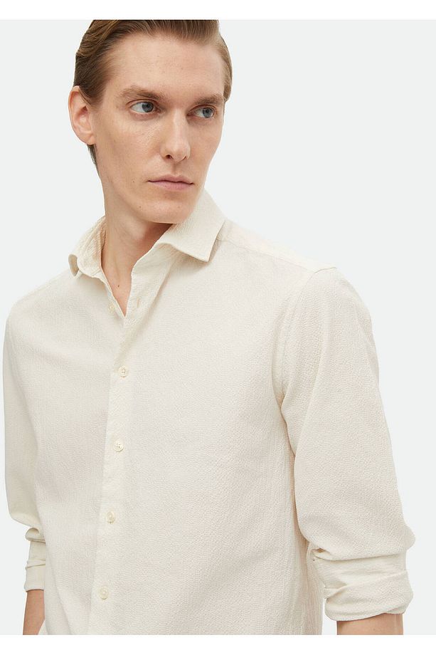 Bej Düz Regular Fit Dokuma Casual Pamuk Karışımlı Gömlek - 3