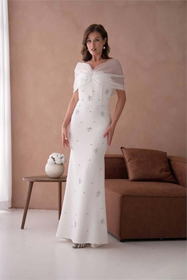 Dipmoda Women's White Tulle and Stone Detailed Evening Dress Dps9372