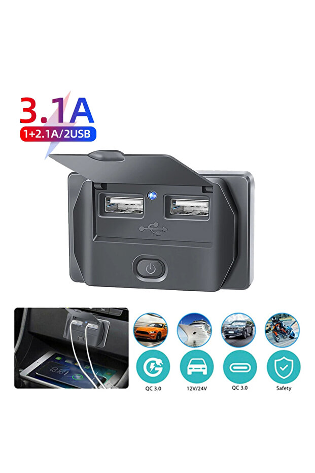 محول شاحن سيارة بمنفذ USB مزدوج مع مفتاح، موزع شحن من 2 إلى 4 منافذ، منفذ للحافلات والمركبات الترفيهية والمركبات الآلية