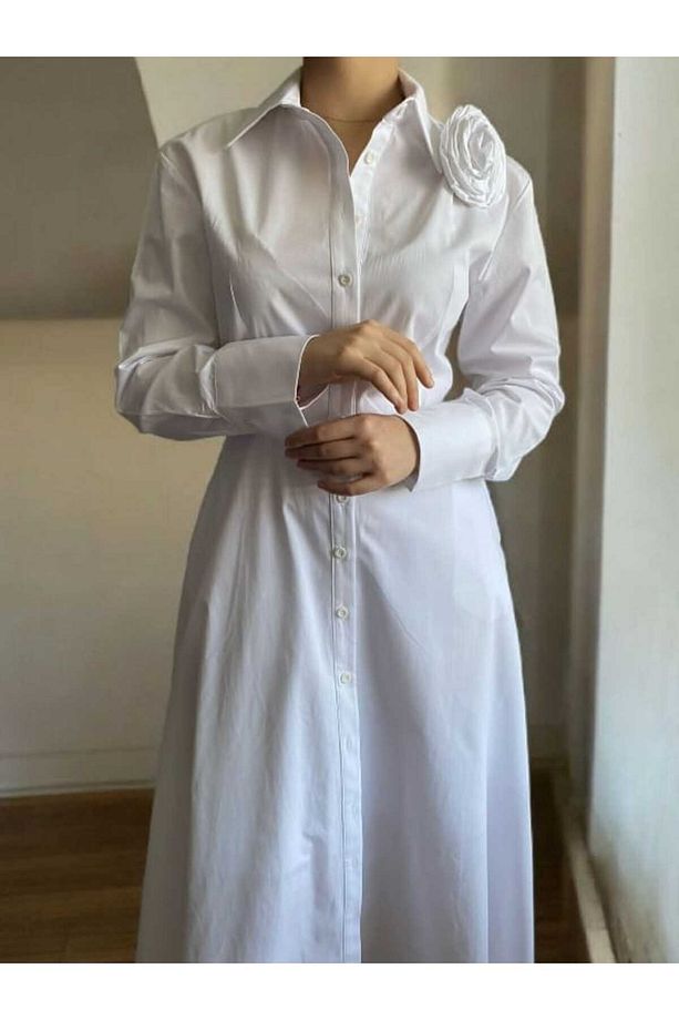 Tasarım Gül Detay Midi Boy Poplin Gömlek Elbise - 3