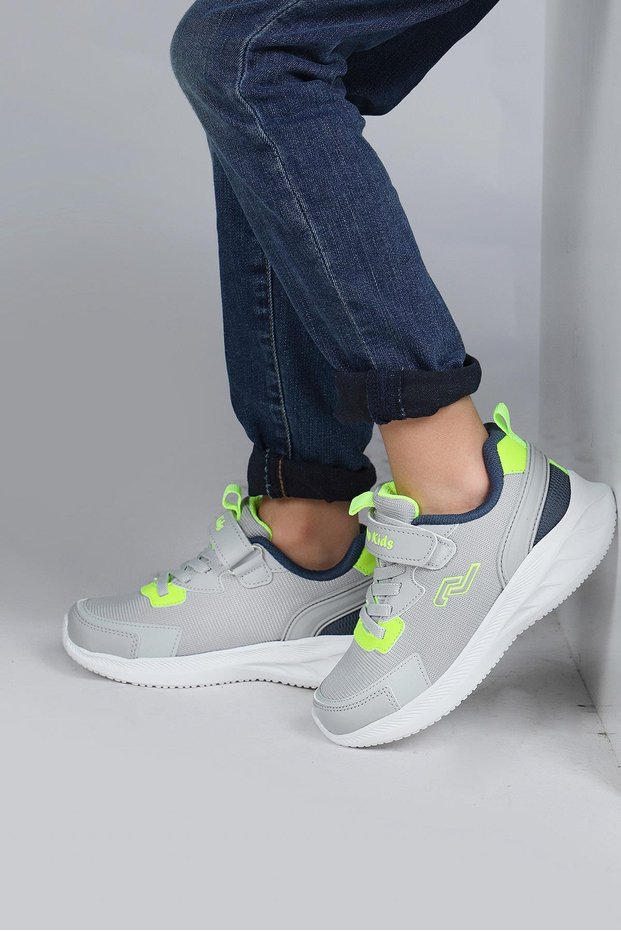 28106 Velcro Light Gray - Neon Green Unisex Kids Sneaker Casual Sneakers
