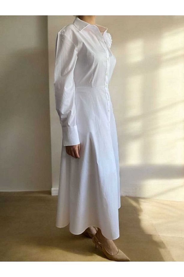 Tasarım Gül Detay Midi Boy Poplin Gömlek Elbise - 8