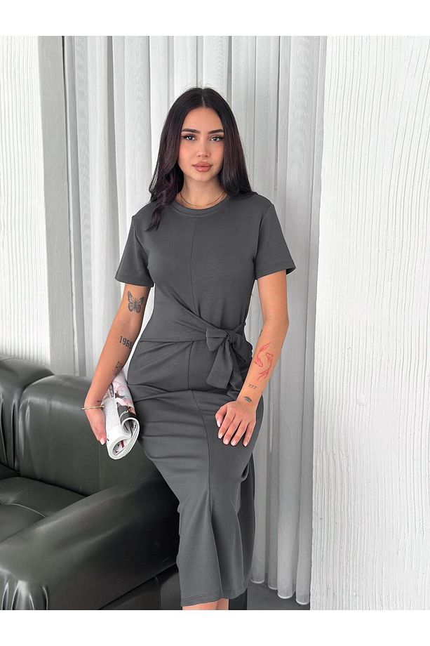 Antrasit Renk Önden bağlamalı Modal Elbise - 3