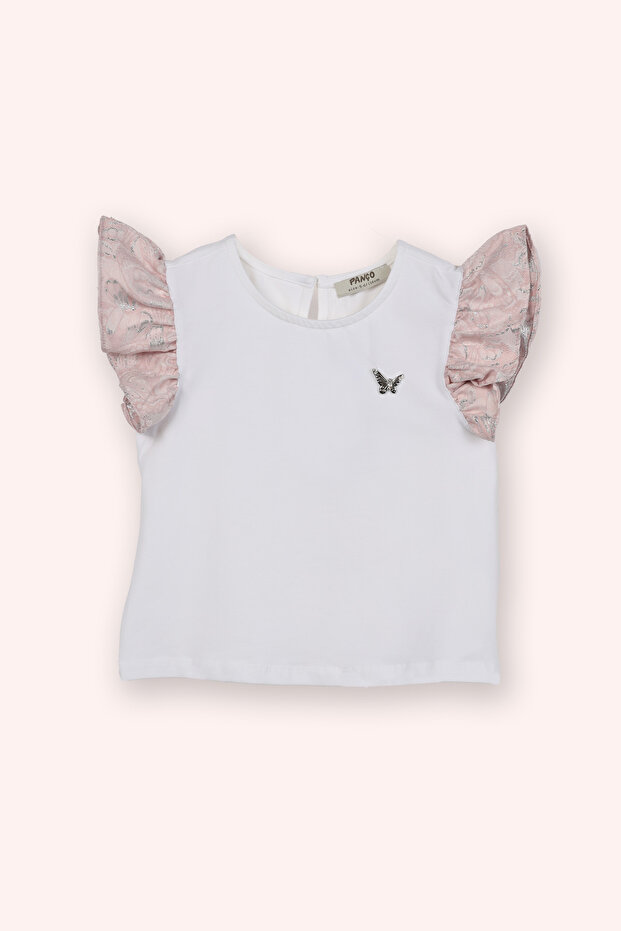 Girl's Round Neck Sleeves White T-Shirt with Ruffle Detail