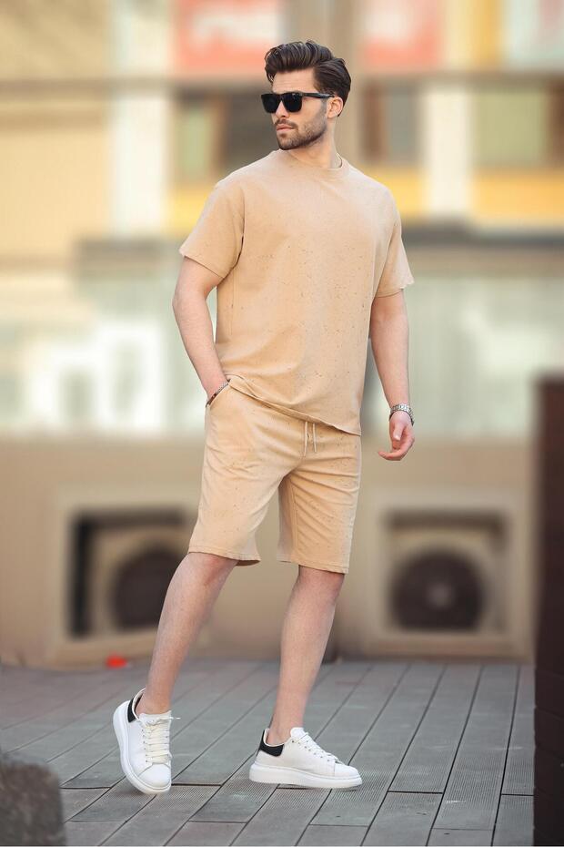 Bej Basic Erkek Şort T-shirt Takımı E7309 - 1
