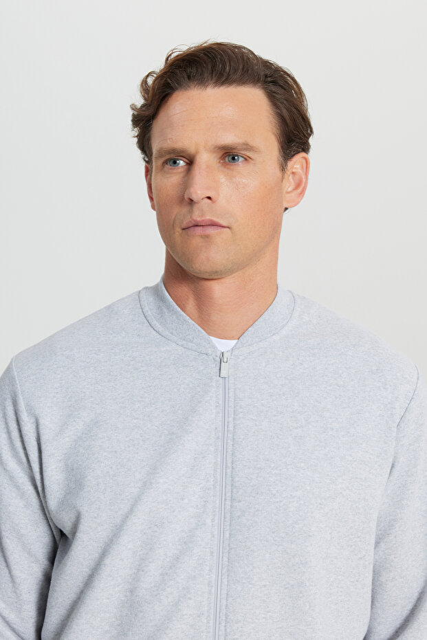 Erkek Gri Melanj Pamuklu Fermuarlı Standart Fit Normal Kesim Kolej Yaka Yan Cep Sweatshirt Ceket - 4