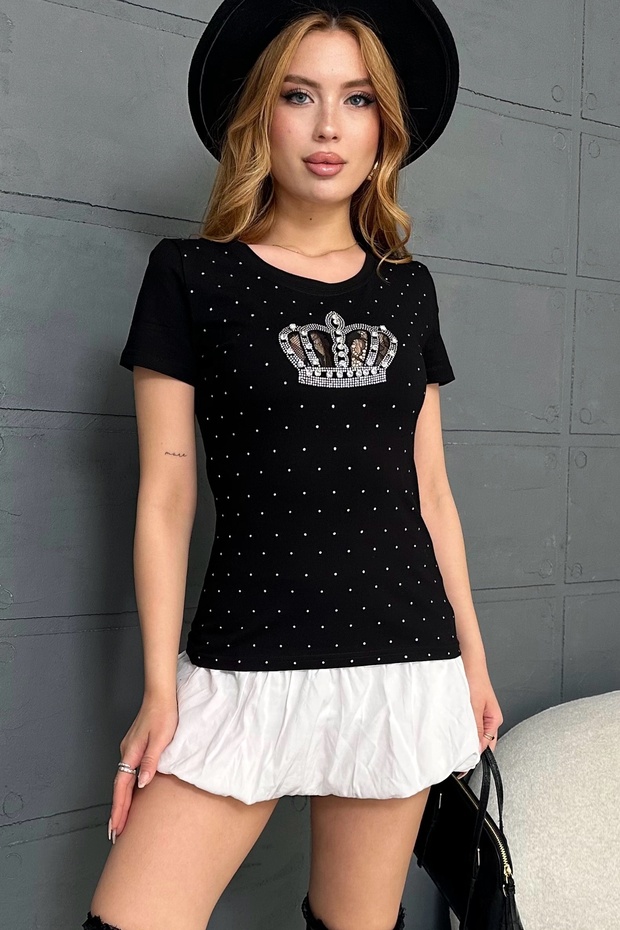 Large Size Lace Crown Crystal Stone Short Sleeve Stylish Comfortable Cotton Black Women's T-Shirt