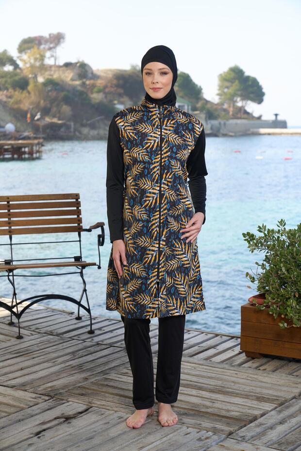 Women's Full Covered Zippered Leaf Patterned Hijab Swimsuit Black