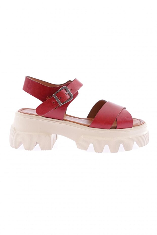 144 Women's - Genuine Leather Claret Red Sandals, Thick Sole and Cross Strap