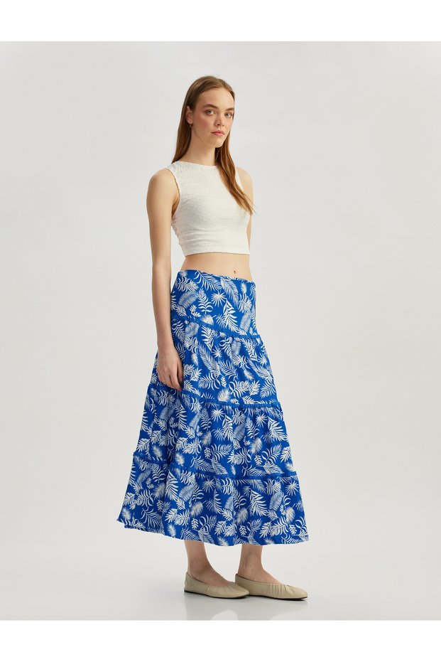 Floral Flounced High Waist Comfortable Fit Midi Skirt Bürümcük
