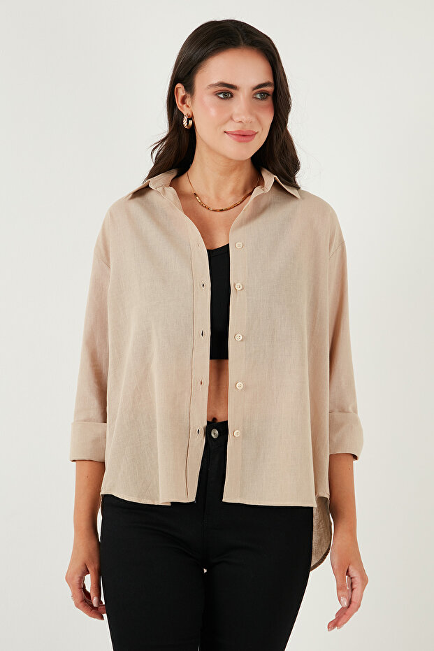 Keten ve Pamuk Karışımlı Regular Fit Önü Kısa Arkası Uzun Gömlek GÖMLEK 6772853 - 4