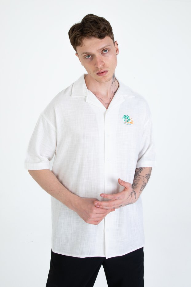 Relax Fit Relaxed Fit Short Sleeve Linen Blended Chest Embroidered Apaj Collar Sports Men's Shirt