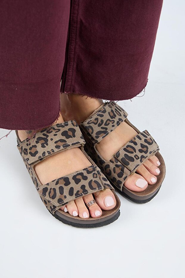 (Vina 2 Leopard) Women's Genuine Leather Double Velcro Mink Slippers