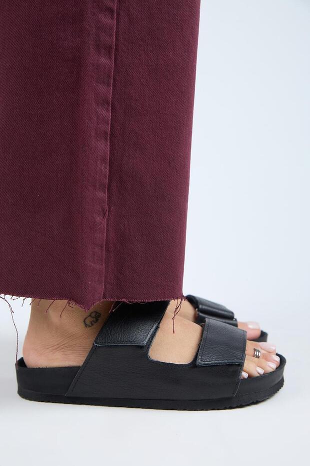 (Vina 2) Women's Genuine Leather Double Velcro Black Slippers
