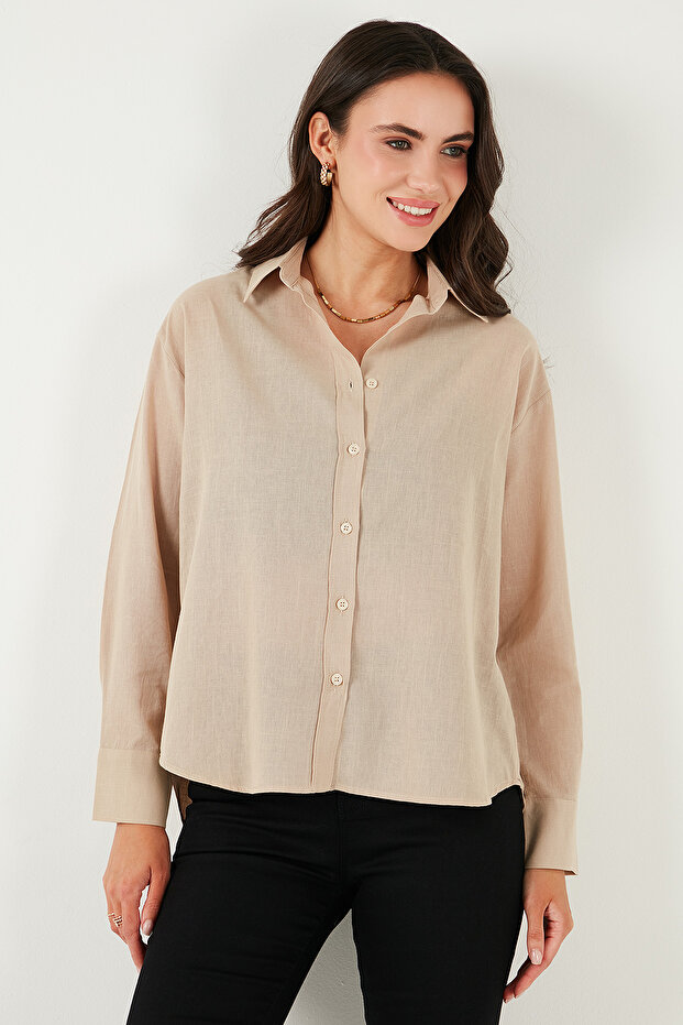 Keten ve Pamuk Karışımlı Regular Fit Önü Kısa Arkası Uzun Gömlek GÖMLEK 6772853 - 6