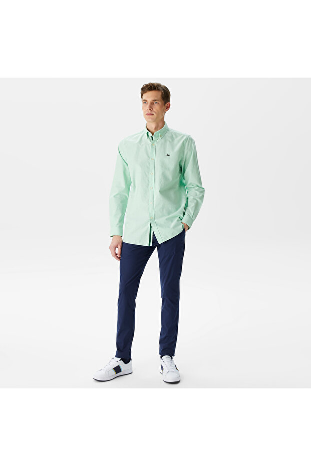 Erkek Slim Fit Düğmeli Yaka Açık Yeşil Gömlek - 4