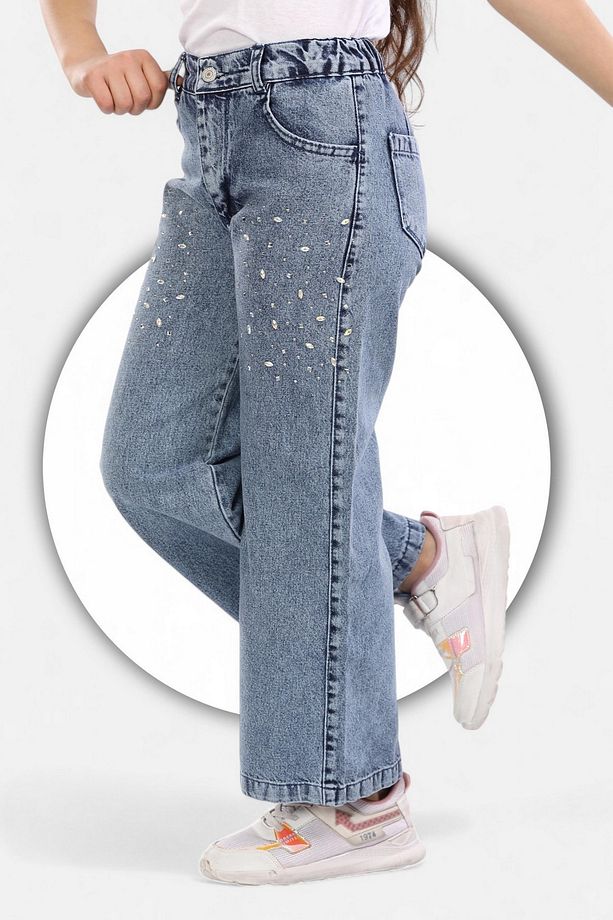 %100 Pamuk-Denim-Kot-Serpme Taşlı-Kar Yıkamalı-Kız Çocuk Pantolonu-Palazzo - 4