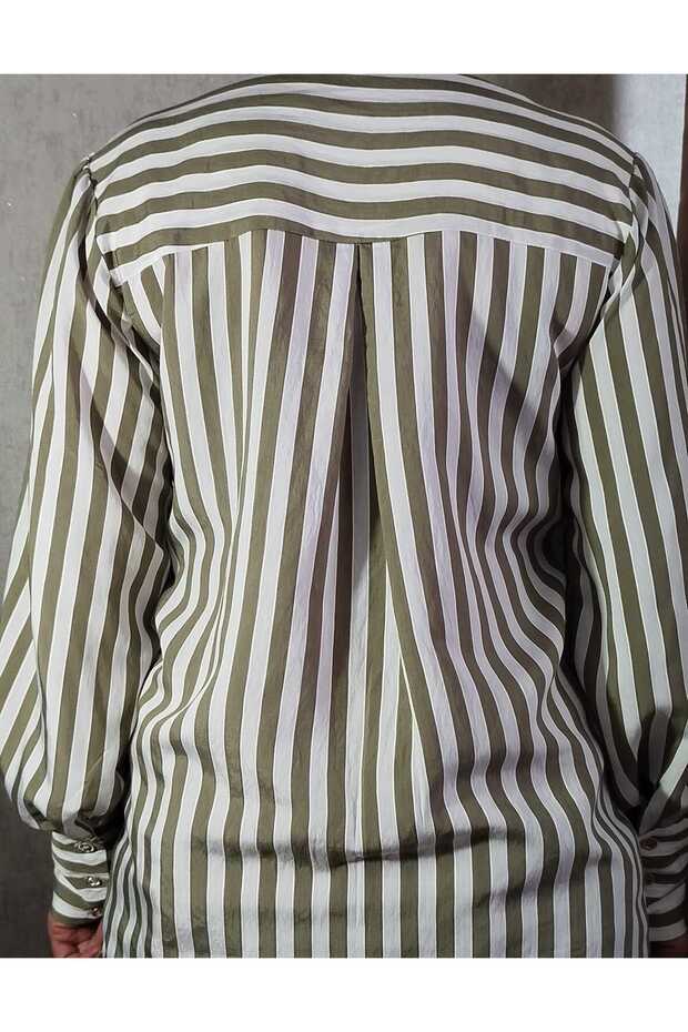 Yeşil Çizgili Rahat Kalıp Basic Gömlek - 6