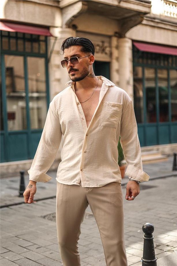 Erkek Basic Oversize Gömlek Krem - 3