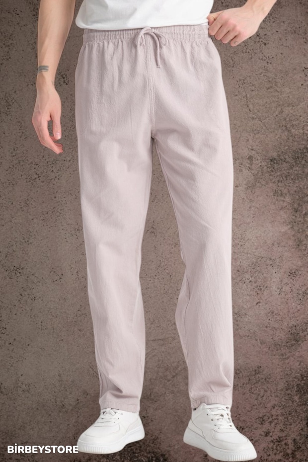 Summer Linen Trousers Raw Fabric Sweatpants Elastic Waist Unisex Comfortable Fit (Cream)