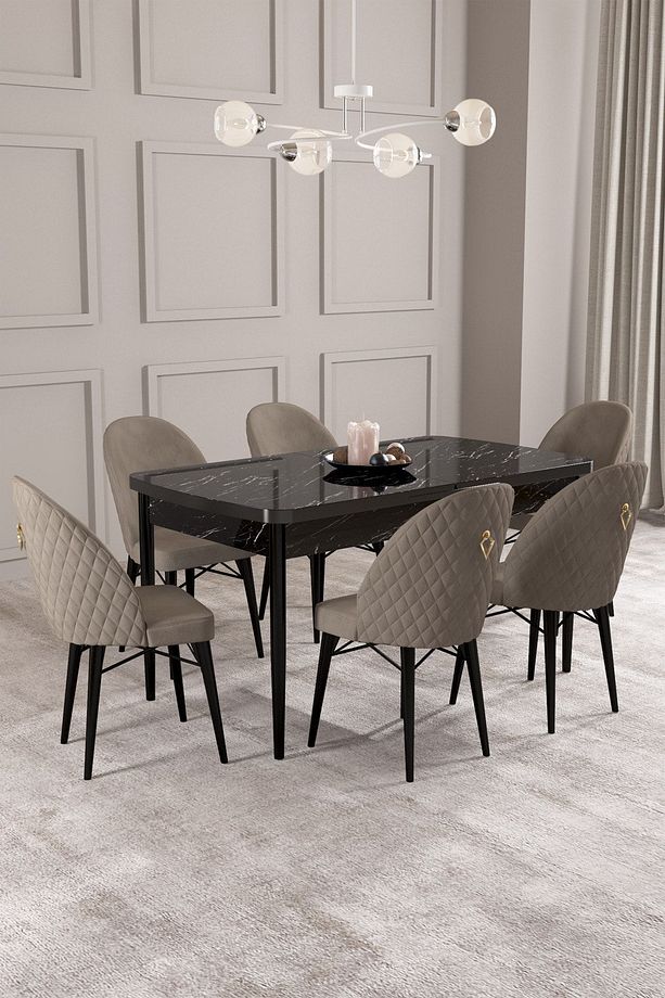 Calvin Siyah Mermer Desen 80x132 Mdf Açılabilir Mutfak Masası Takımı 6 Adet Sandalye - 1