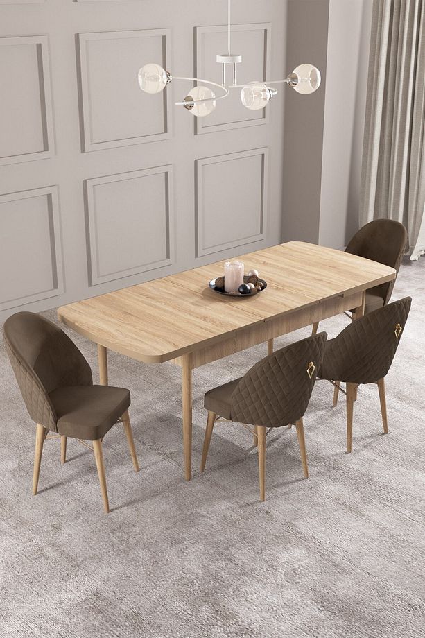 Calvin Meşe Desen 80x132 Mdf Açılabilir Mutfak Masası Takımı 4 Adet Sandalye - 2