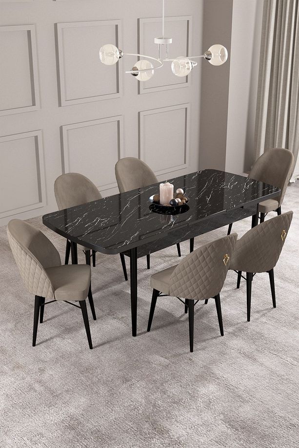 Calvin Siyah Mermer Desen 80x132 Mdf Açılabilir Mutfak Masası Takımı 6 Adet Sandalye - 2