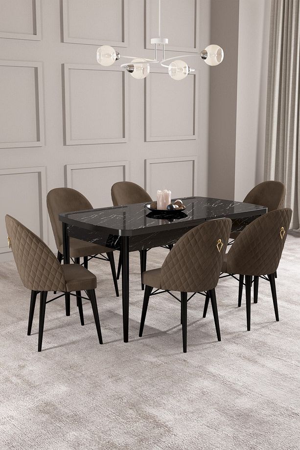 Calvin Siyah Mermer Desen 80x132 Mdf Açılabilir Mutfak Masası Takımı 6 Adet Sandalye - 1