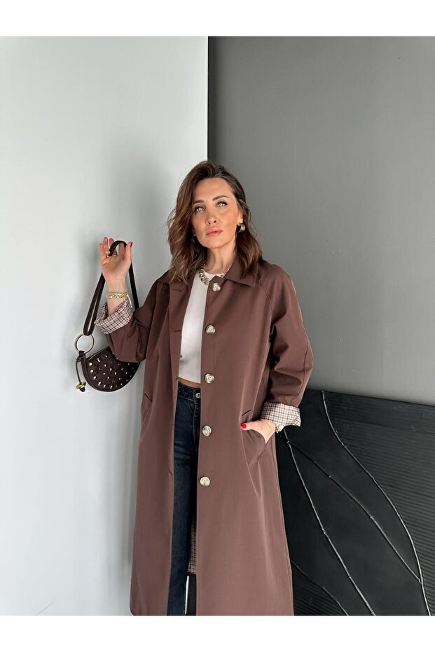 Kahve Kazayağı Desenli Astarlı Trençkot - 8