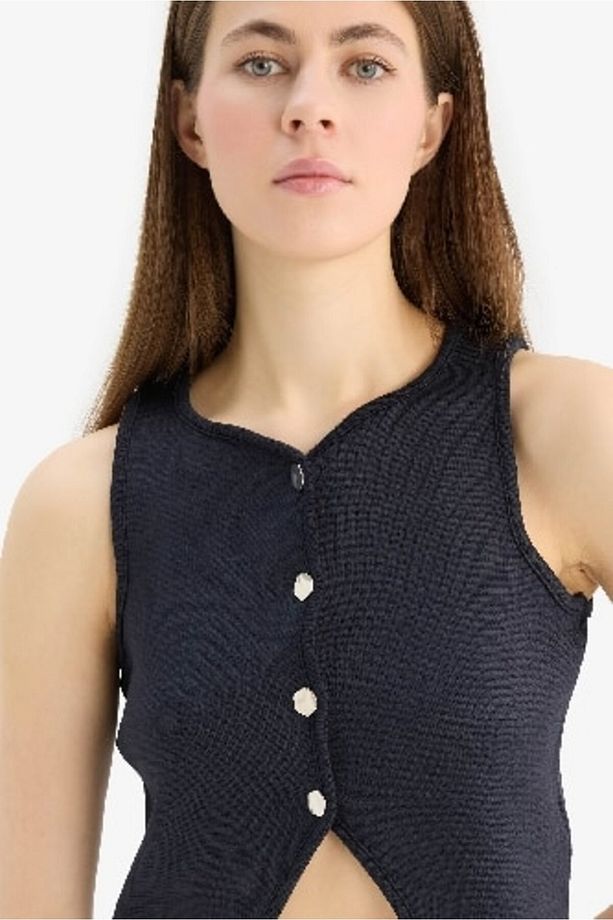 Regular Fit Bisiklet Yaka Düğmeli Siyah Triko Yelek E0990AX25SM - 4